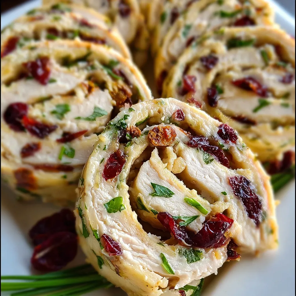 Close-up of sliced Chicken Cranberry Pinwheels served on a wooden board.