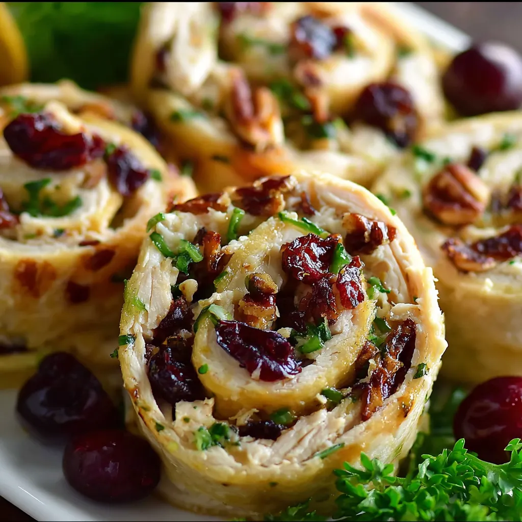 Close-up of sliced Chicken Cranberry Pinwheels served on a wooden board.