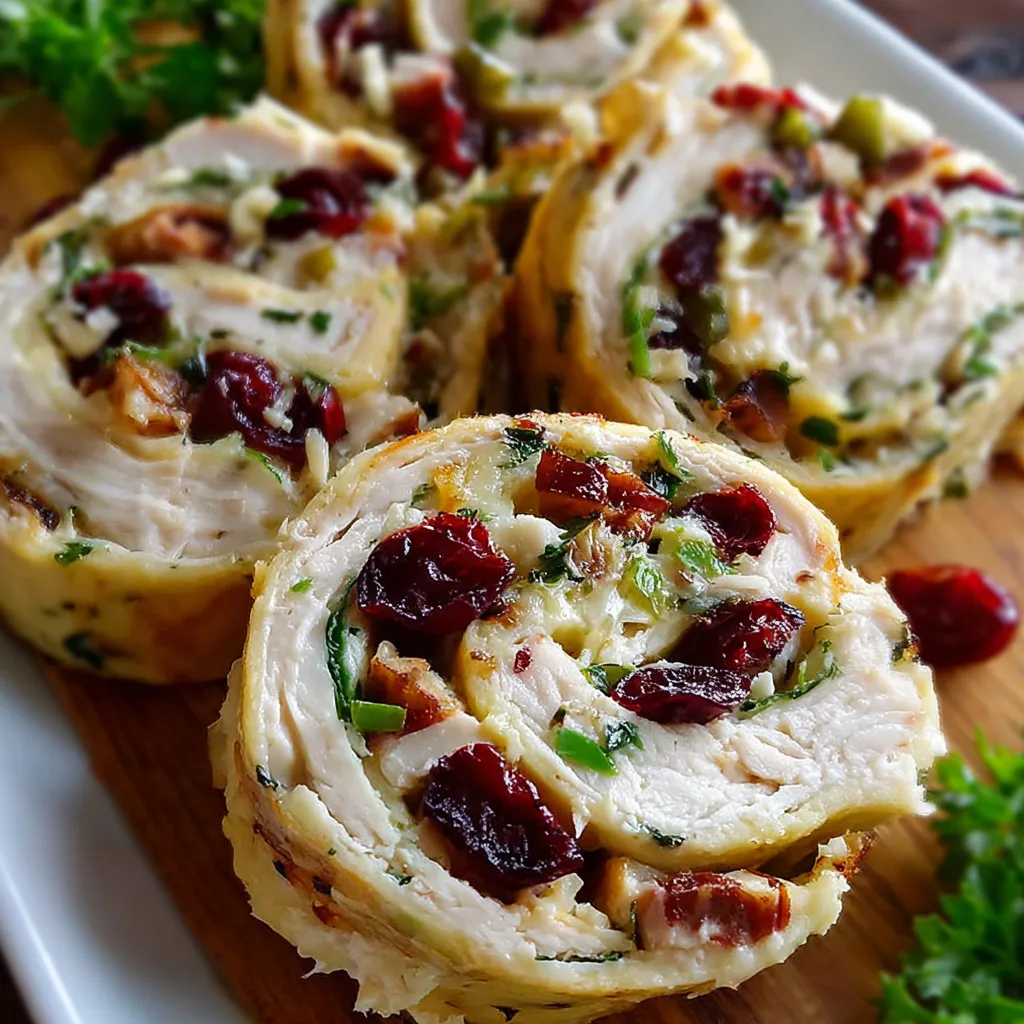 Close-up of sliced Chicken Cranberry Pinwheels served on a wooden board.