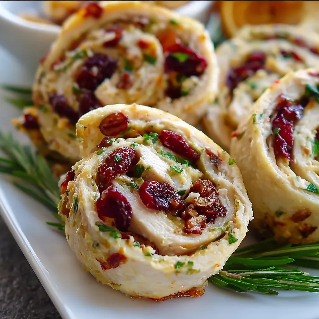 Close-up of sliced Chicken Cranberry Pinwheels served on a wooden board.