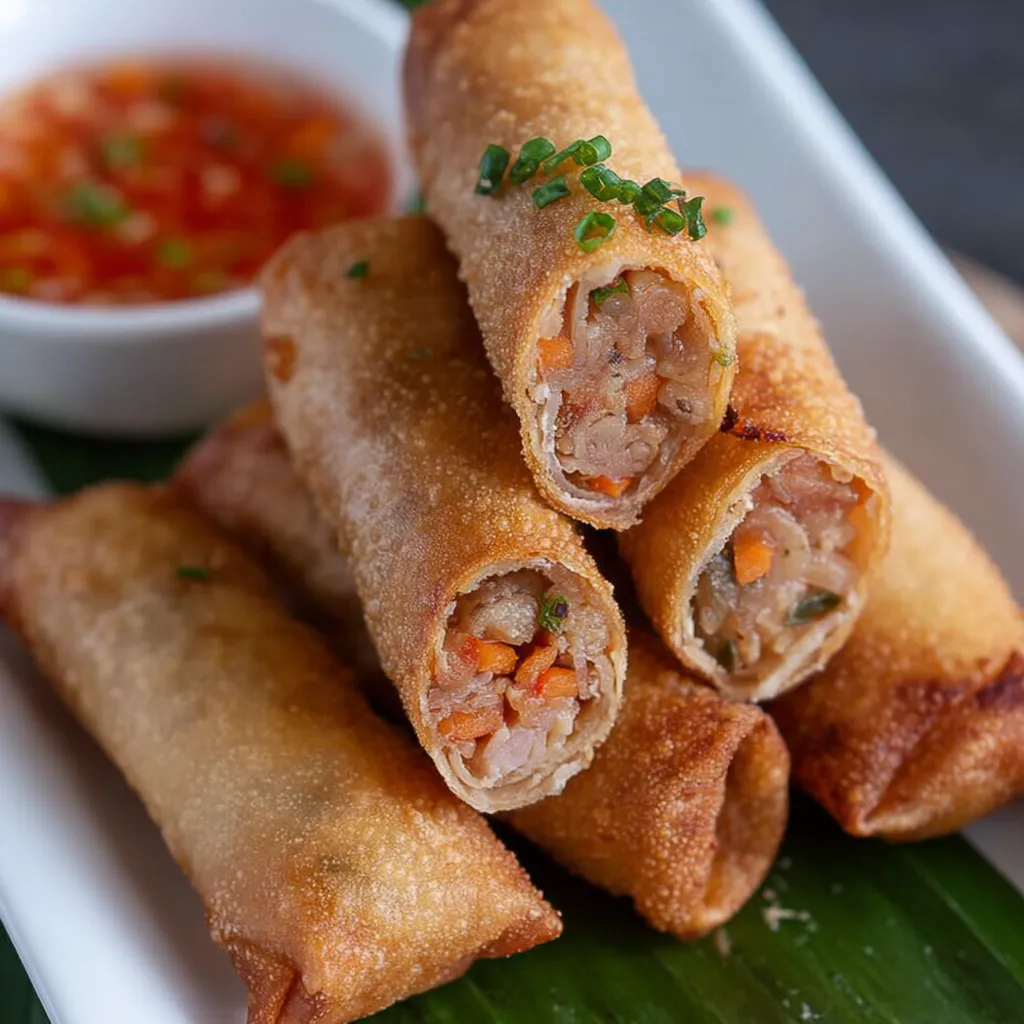 Golden crispy Filipino Lumpia Rolls served with sweet chili dipping sauce