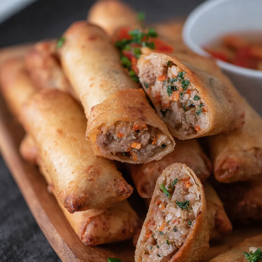 Golden crispy Filipino Lumpia Rolls served with sweet chili dipping sauce