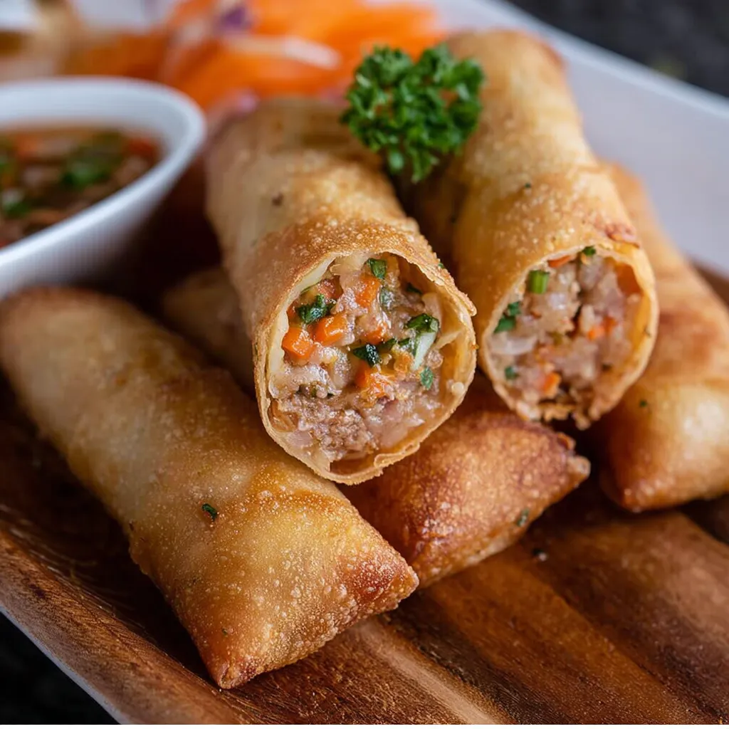 Golden crispy Filipino Lumpia Rolls served with sweet chili dipping sauce