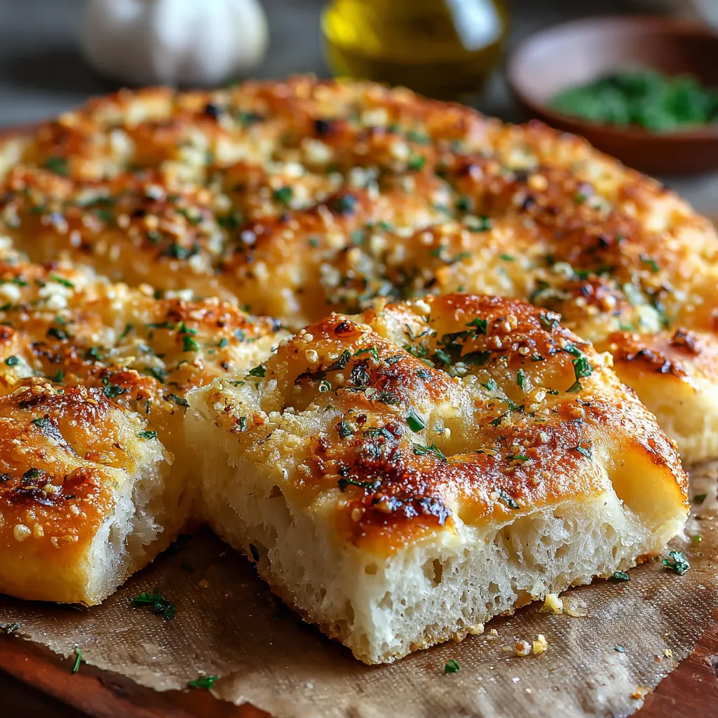 Freshly baked Garlic Parmesan Focaccia Bread with golden crust and rosemary sprigs.