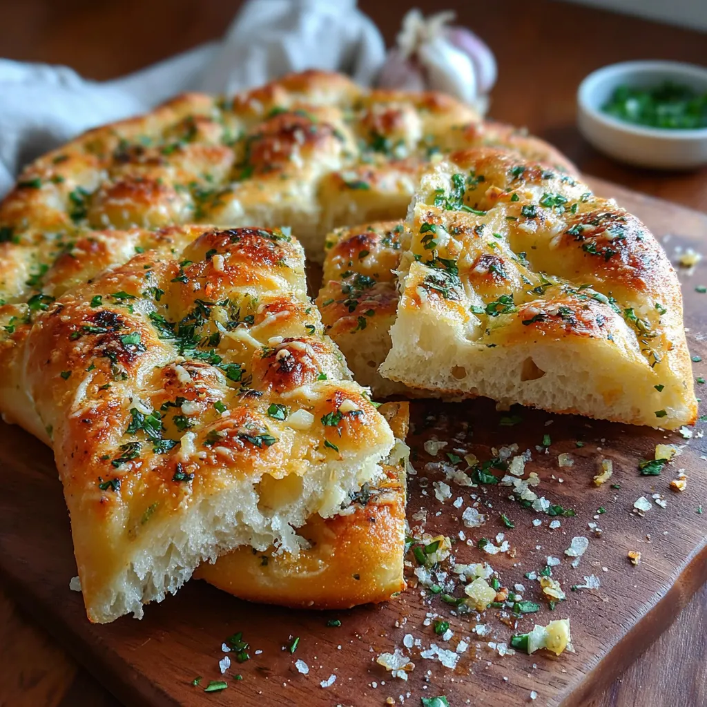 Freshly baked Garlic Parmesan Focaccia Bread with golden crust and rosemary sprigs.