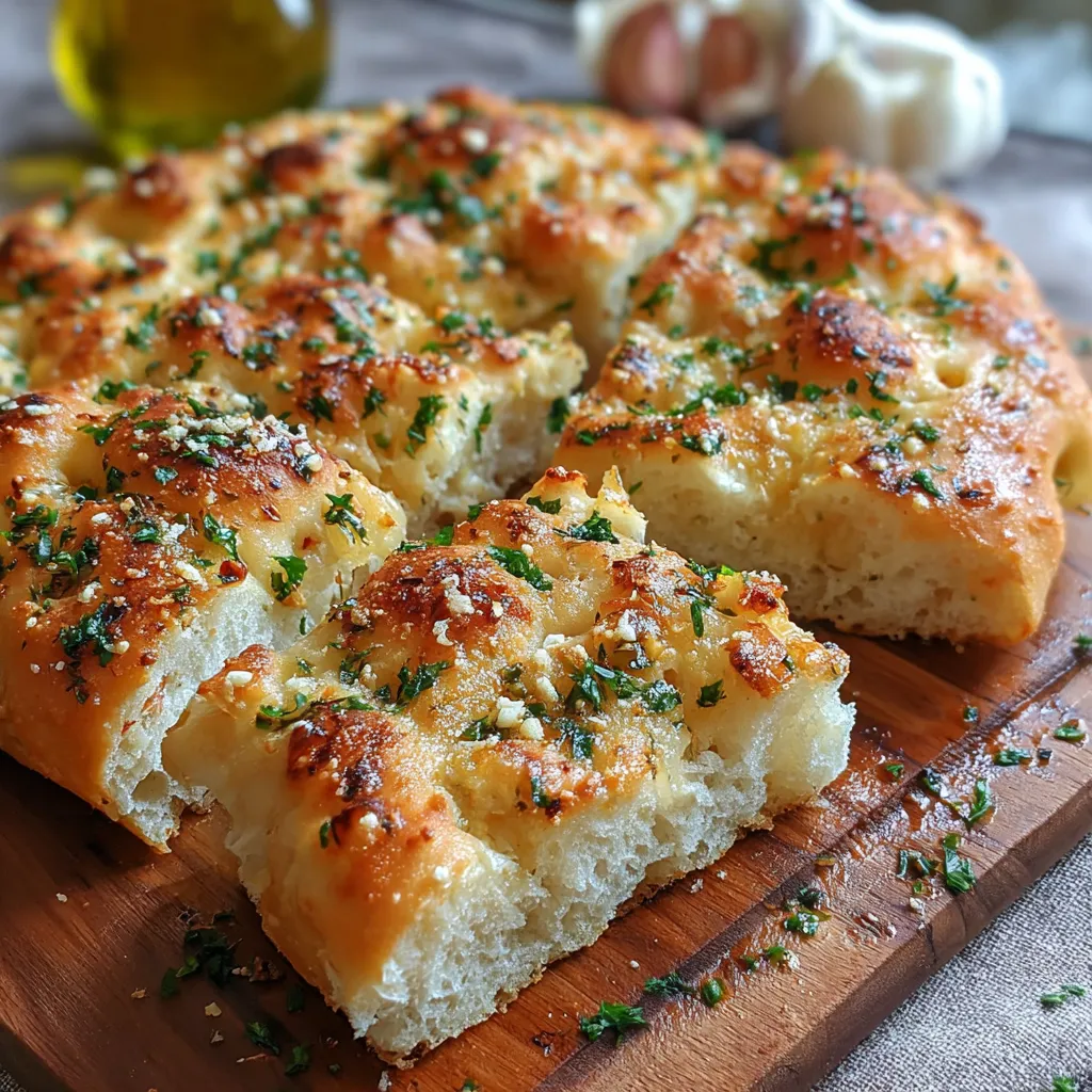 Freshly baked Garlic Parmesan Focaccia Bread with golden crust and rosemary sprigs.