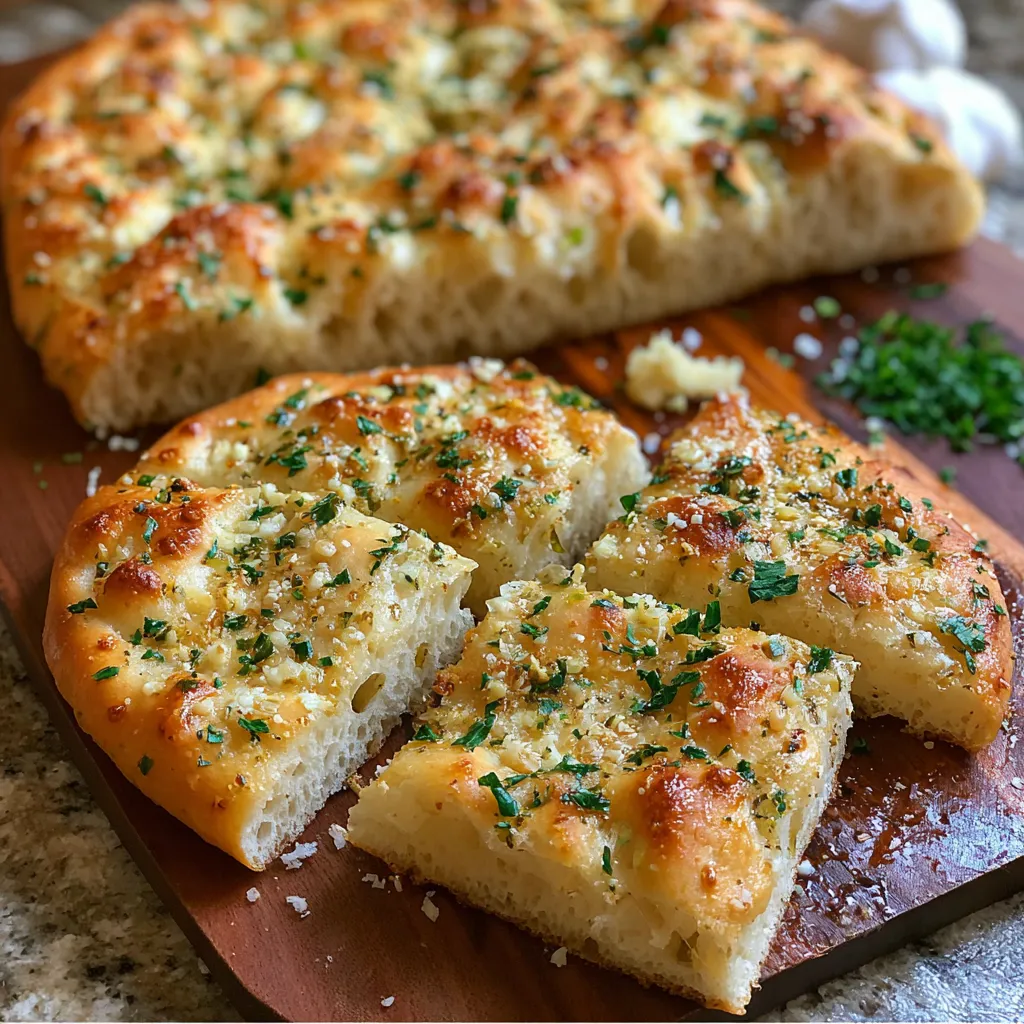 Freshly baked Garlic Parmesan Focaccia Bread with golden crust and rosemary sprigs.