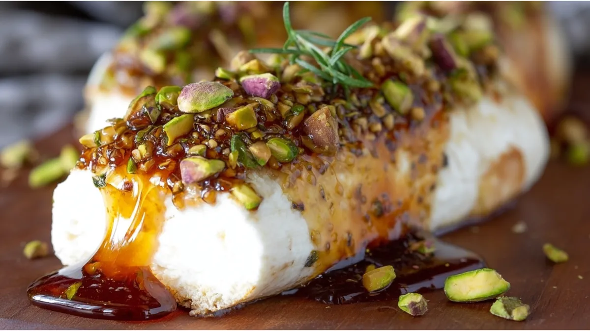Creamy goat cheese appetizer with honey drizzle, fresh figs, and chopped pistachios served with crusty bread.