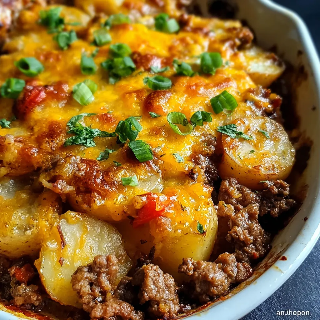 A golden baked hobo casserole with ground beef, potatoes, and melted cheddar cheese served in a white casserole dish.