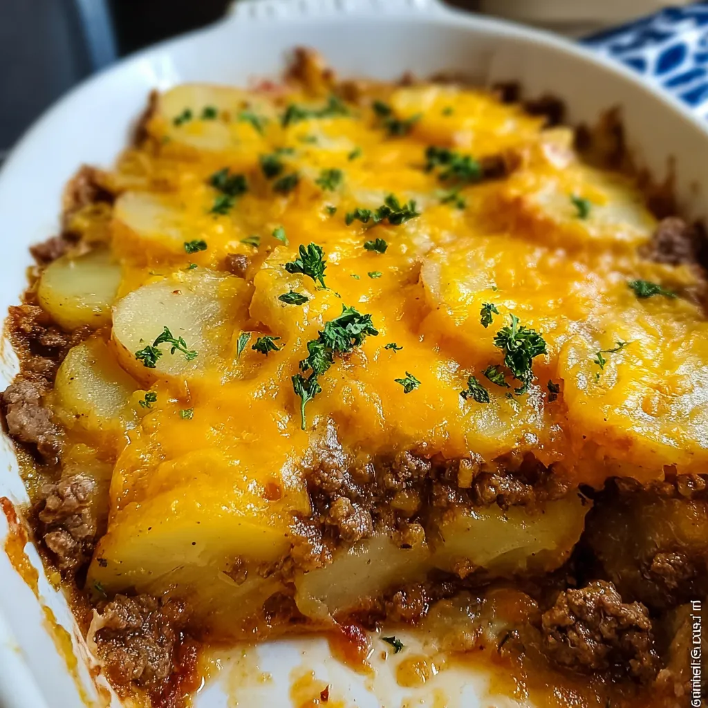 A golden baked hobo casserole with ground beef, potatoes, and melted cheddar cheese served in a white casserole dish.