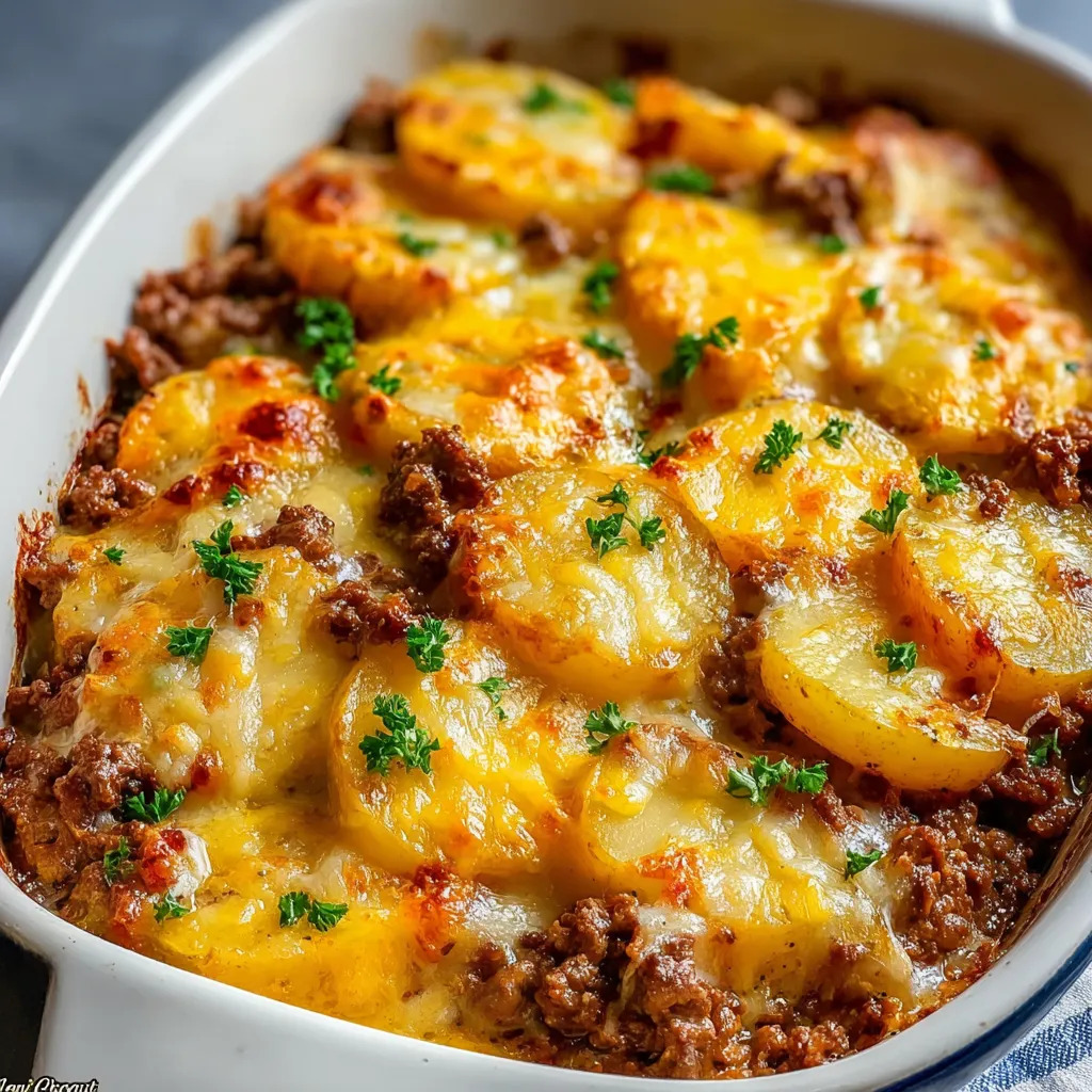 A golden baked hobo casserole with ground beef, potatoes, and melted cheddar cheese served in a white casserole dish.