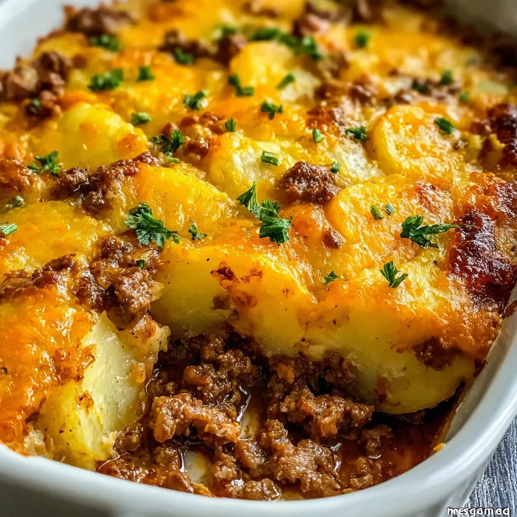 A golden baked hobo casserole with ground beef, potatoes, and melted cheddar cheese served in a white casserole dish.