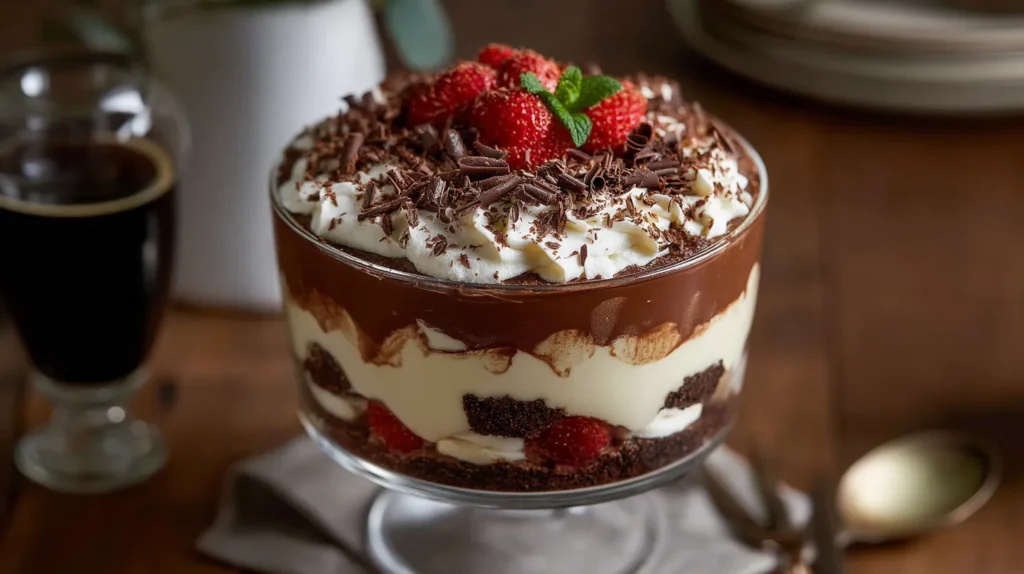 Layered chocolate cheesecake trifle in a glass bowl with whipped topping and chocolate curls
