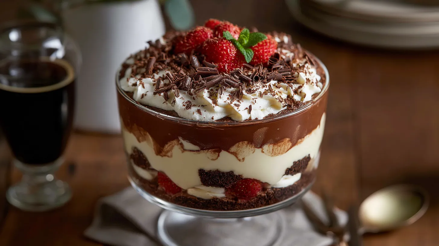 Layered chocolate cheesecake trifle in a glass bowl with whipped topping and chocolate curls
