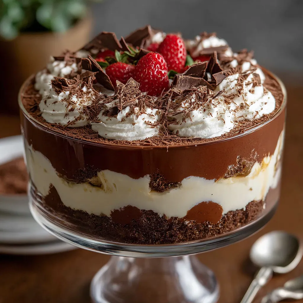 Layered chocolate cheesecake trifle in a glass bowl with whipped topping and chocolate curls