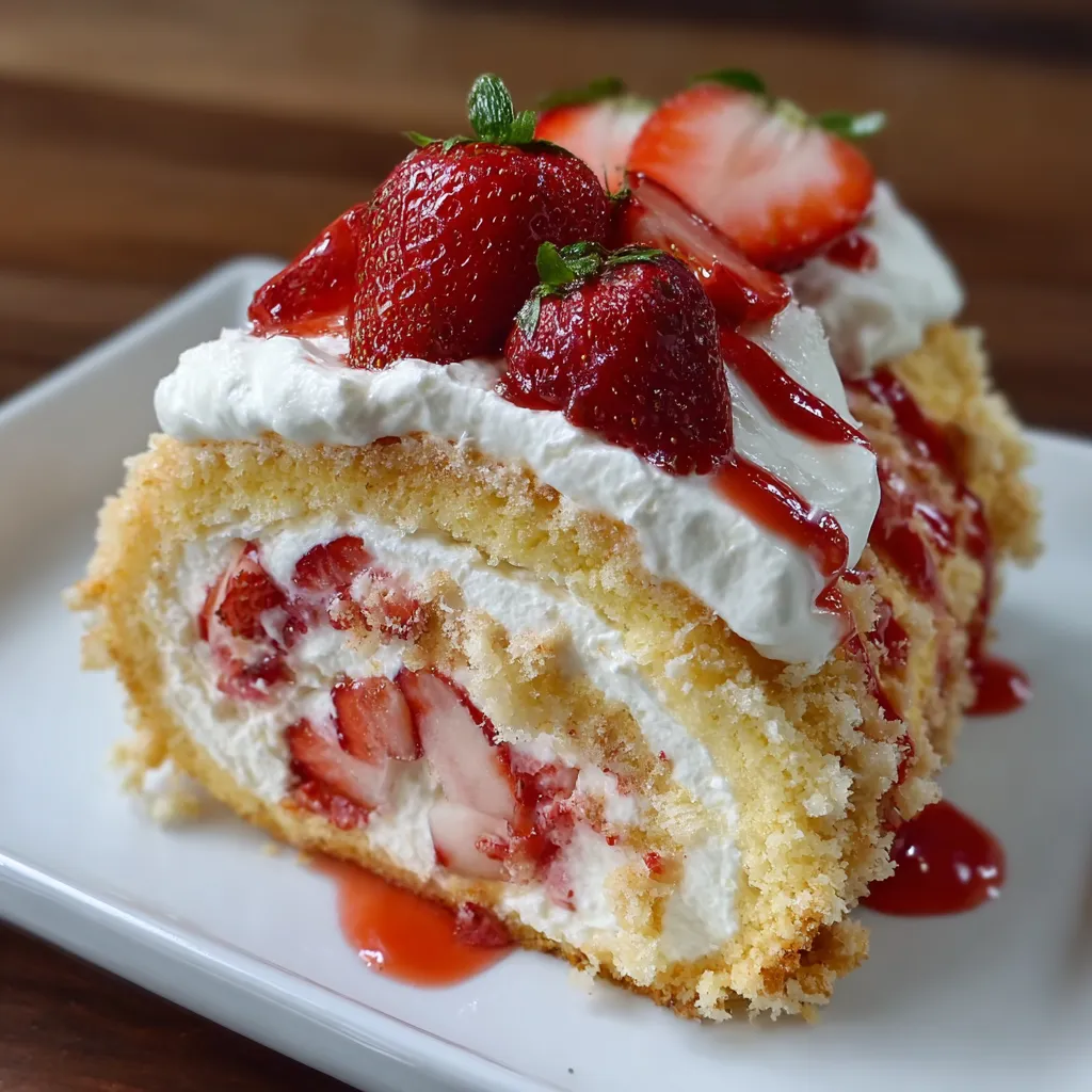 Homemade Strawberry Shortcake Cheesecake Roll sliced on a wooden board, topped with whipped cream, crushed Golden Oreos, and fresh strawberries.