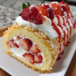 Homemade Strawberry Shortcake Cheesecake Roll sliced on a wooden board, topped with whipped cream, crushed Golden Oreos, and fresh strawberries.