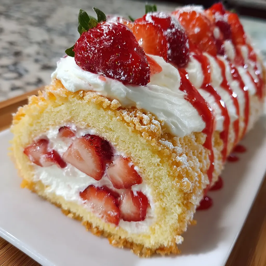 Homemade Strawberry Shortcake Cheesecake Roll sliced on a wooden board, topped with whipped cream, crushed Golden Oreos, and fresh strawberries.