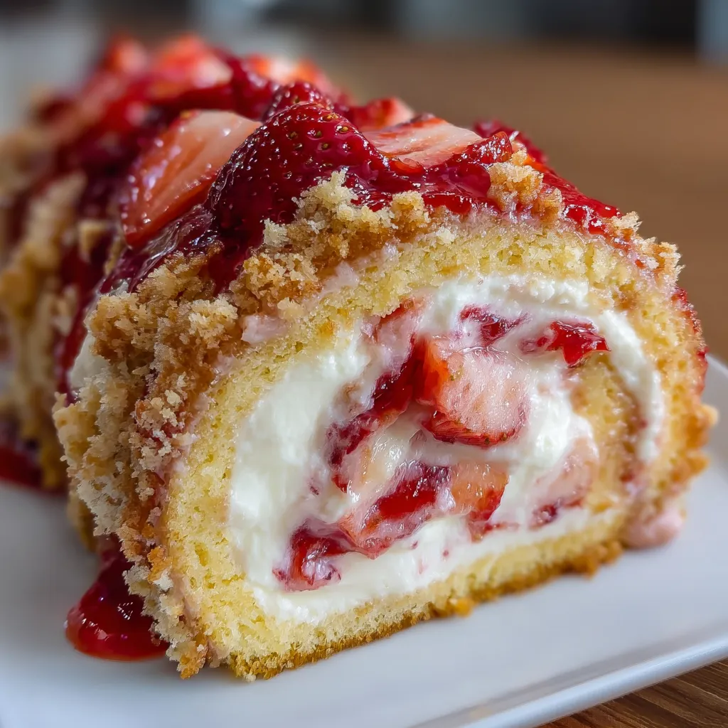 Homemade Strawberry Shortcake Cheesecake Roll sliced on a wooden board, topped with whipped cream, crushed Golden Oreos, and fresh strawberries.