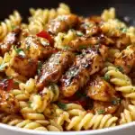 Creamy Honey Pepper Chicken Pasta with Parmesan and parsley in a white bowl