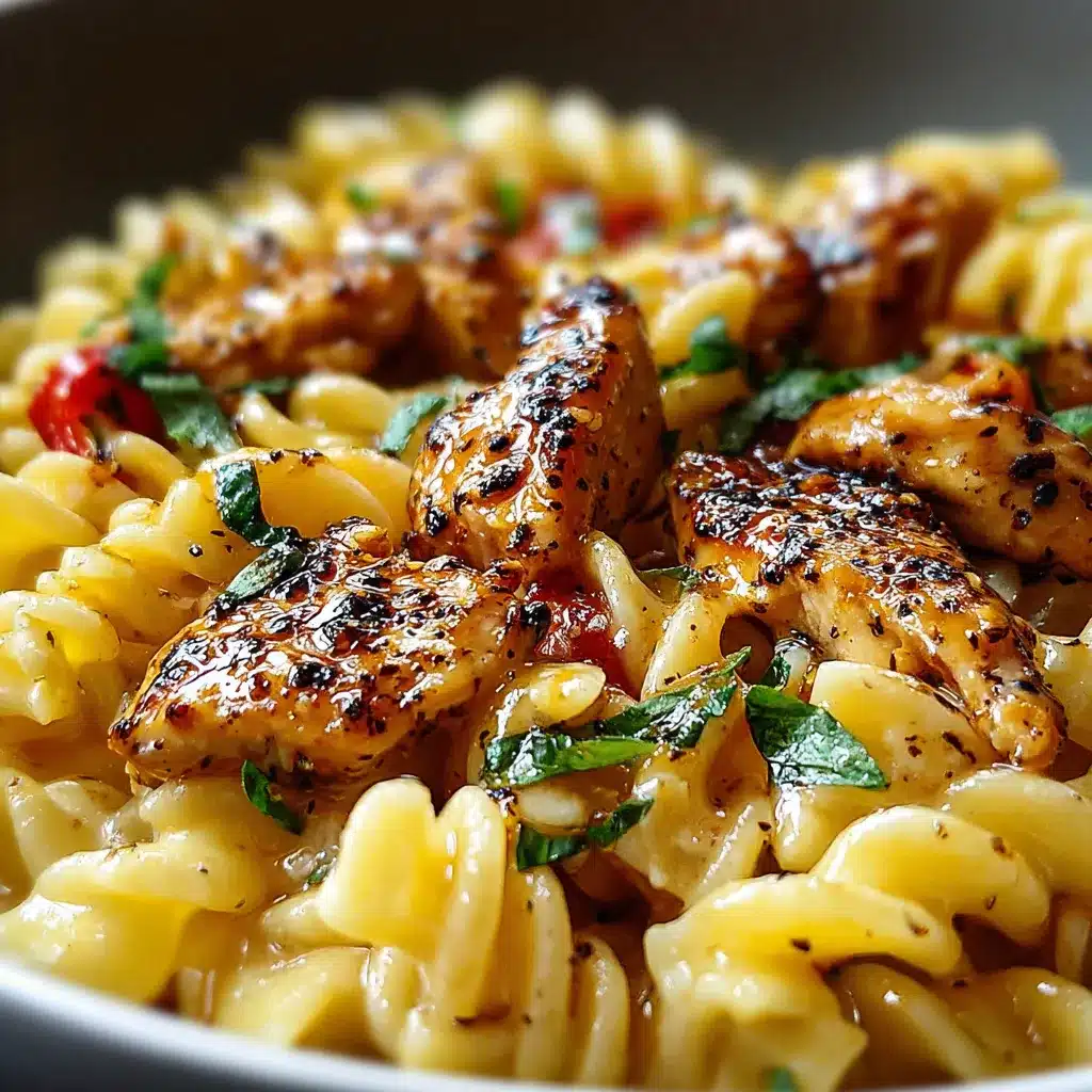 Creamy Honey Pepper Chicken Pasta with Parmesan and parsley in a white bowl
