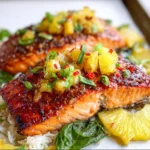 Baked Pineapple Glazed Salmon fillets with sweet and savory tropical glaze, garnished with fresh cilantro on a white plate