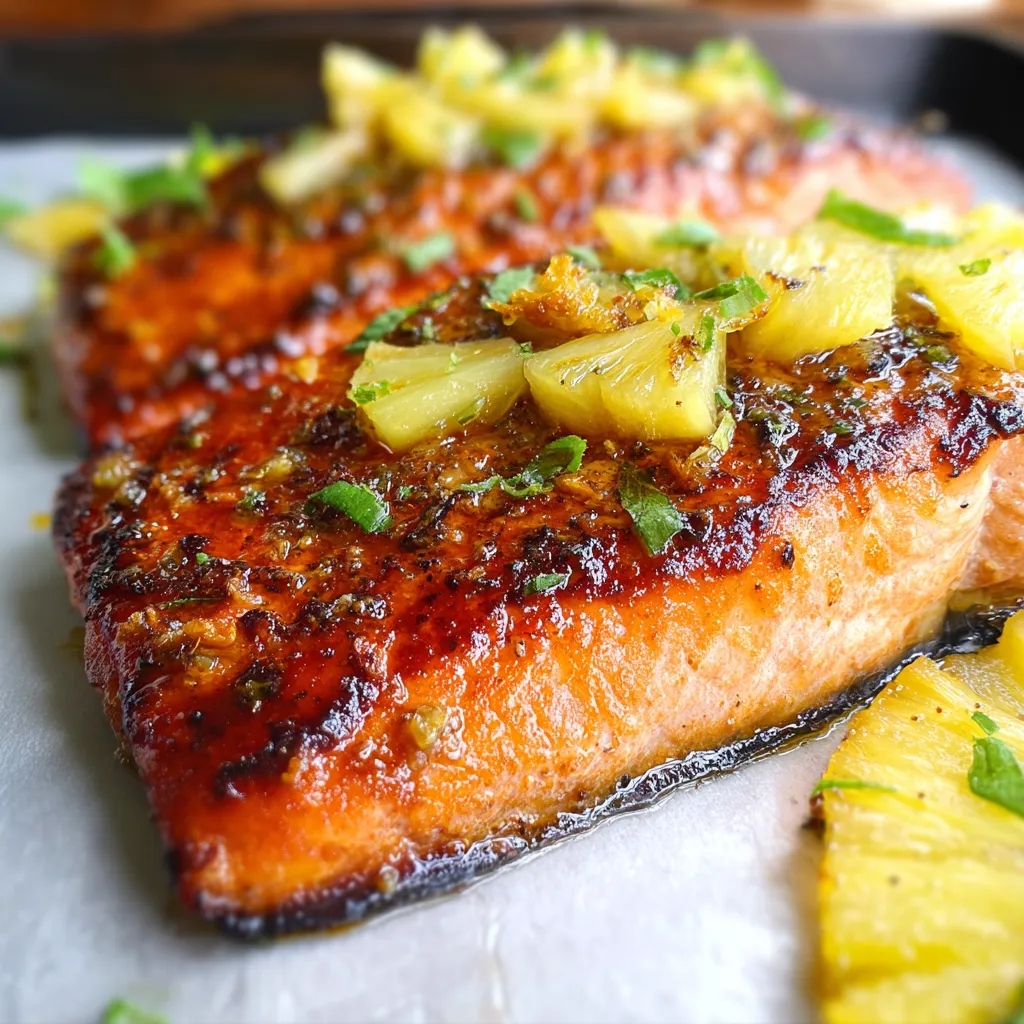 Baked Pineapple Glazed Salmon fillets with sweet and savory tropical glaze, garnished with fresh cilantro on a white plate