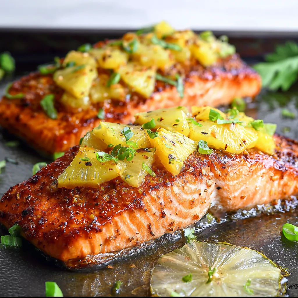 Baked Pineapple Glazed Salmon fillets with sweet and savory tropical glaze, garnished with fresh cilantro on a white plate
