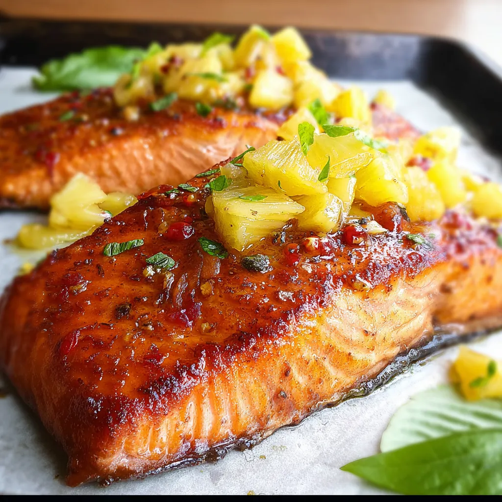 Baked Pineapple Glazed Salmon fillets with sweet and savory tropical glaze, garnished with fresh cilantro on a white plate
