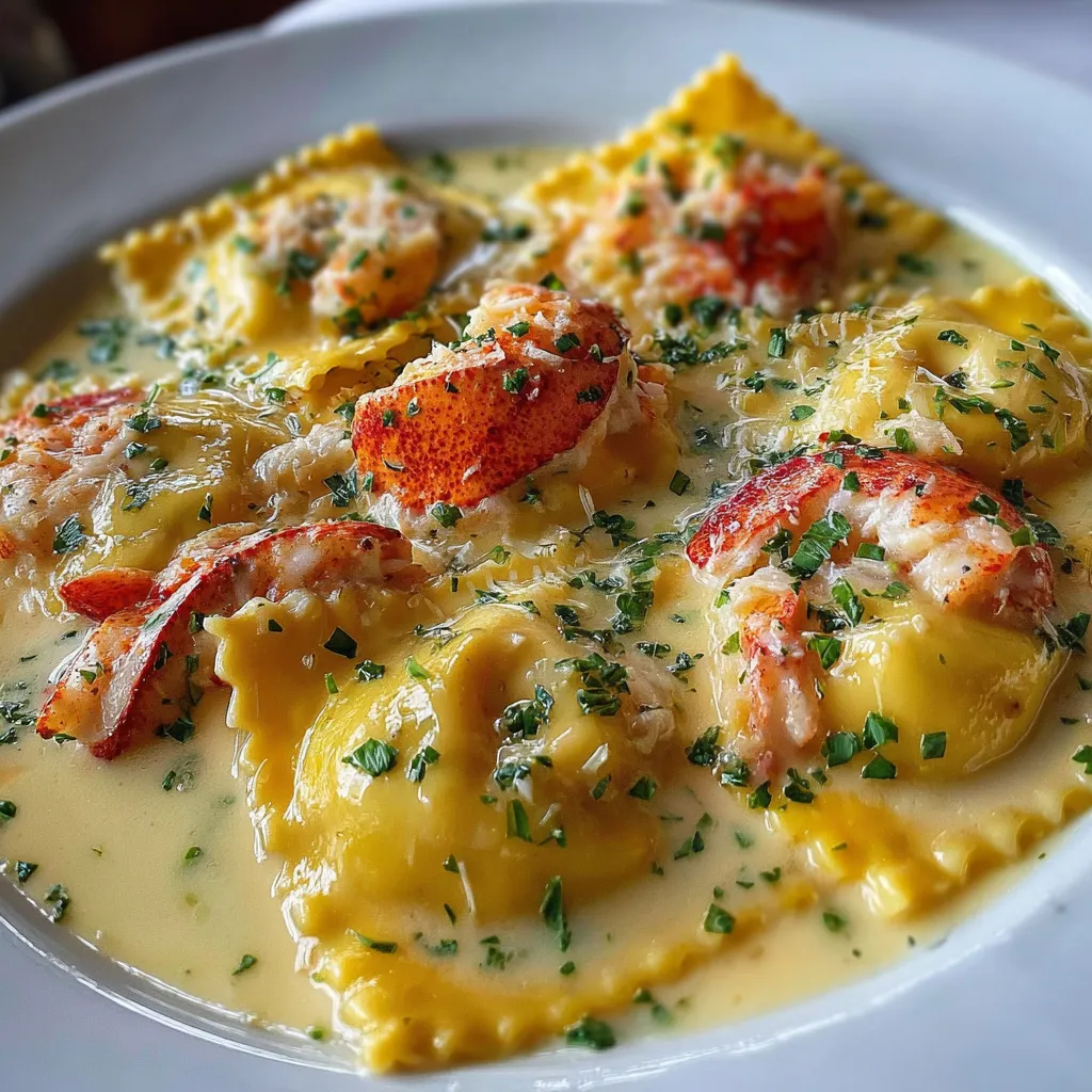 Lobster ravioli topped with lemon butter sauce and fresh parsley on a white plate.