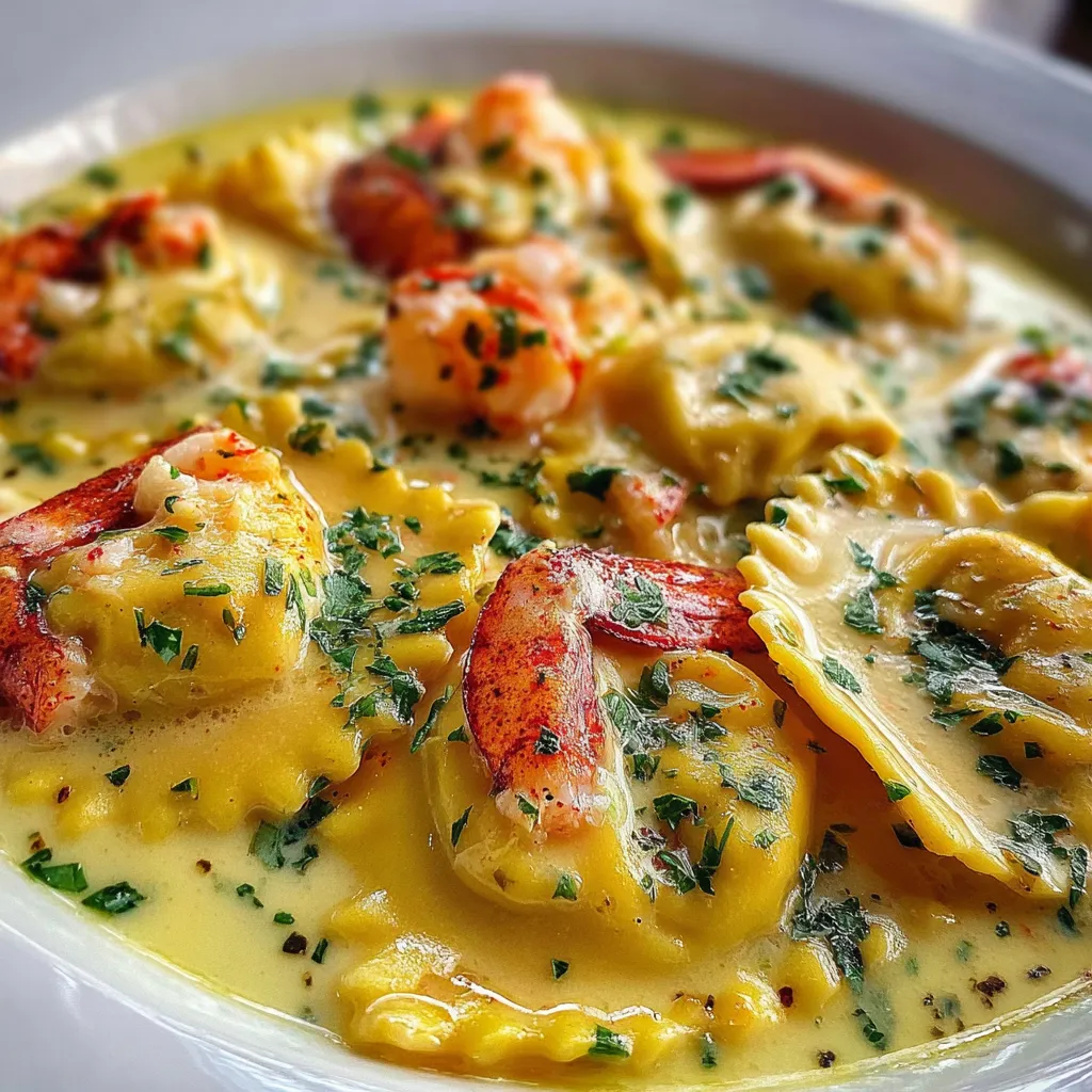 Lobster ravioli topped with lemon butter sauce and fresh parsley on a white plate.