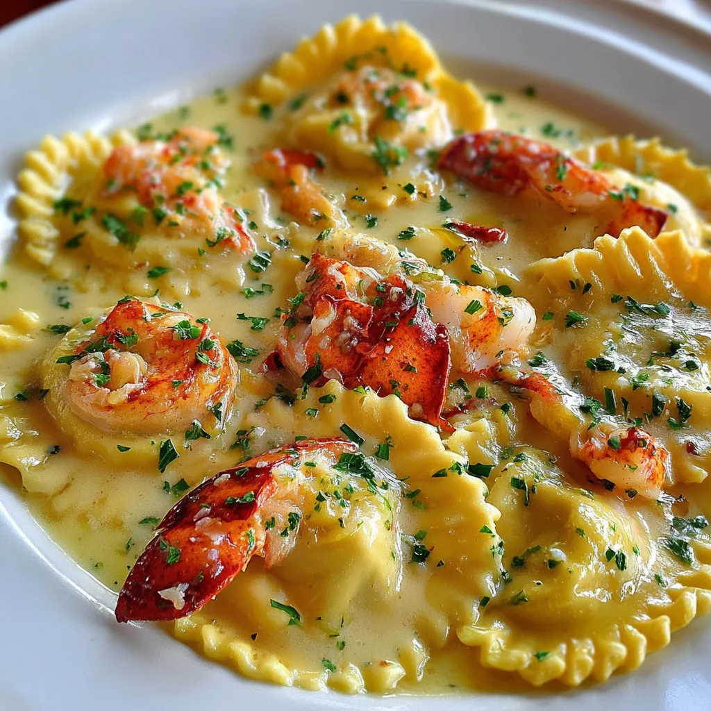 Lobster ravioli topped with lemon butter sauce and fresh parsley on a white plate.