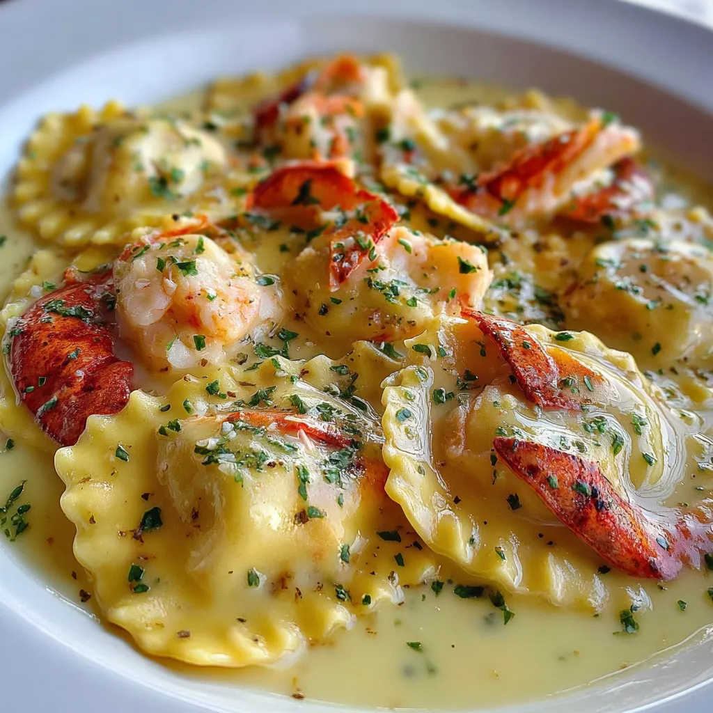 Lobster ravioli topped with lemon butter sauce and fresh parsley on a white plate.