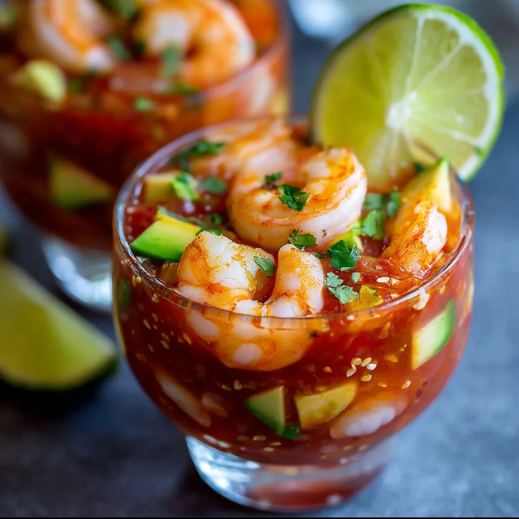 Mexican Shrimp Cocktail served in a glass with tortilla chips, avocado, and cilantro garnish.