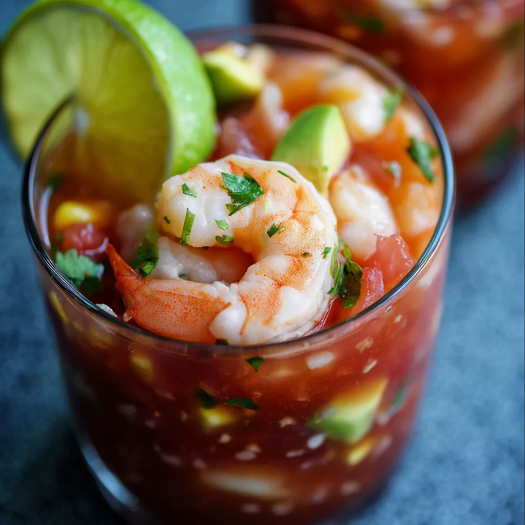 Mexican Shrimp Cocktail served in a glass with tortilla chips, avocado, and cilantro garnish.
