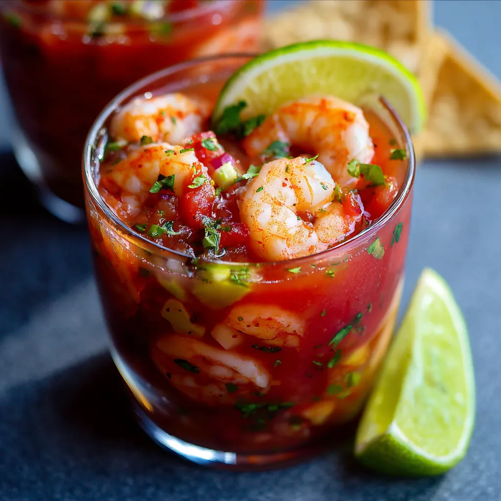 Mexican Shrimp Cocktail served in a glass with tortilla chips, avocado, and cilantro garnish.