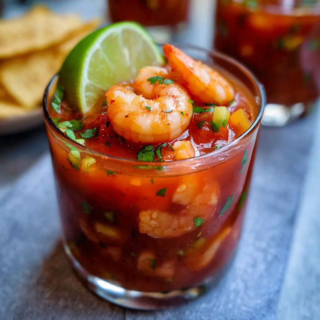 Mexican Shrimp Cocktail served in a glass with tortilla chips, avocado, and cilantro garnish.