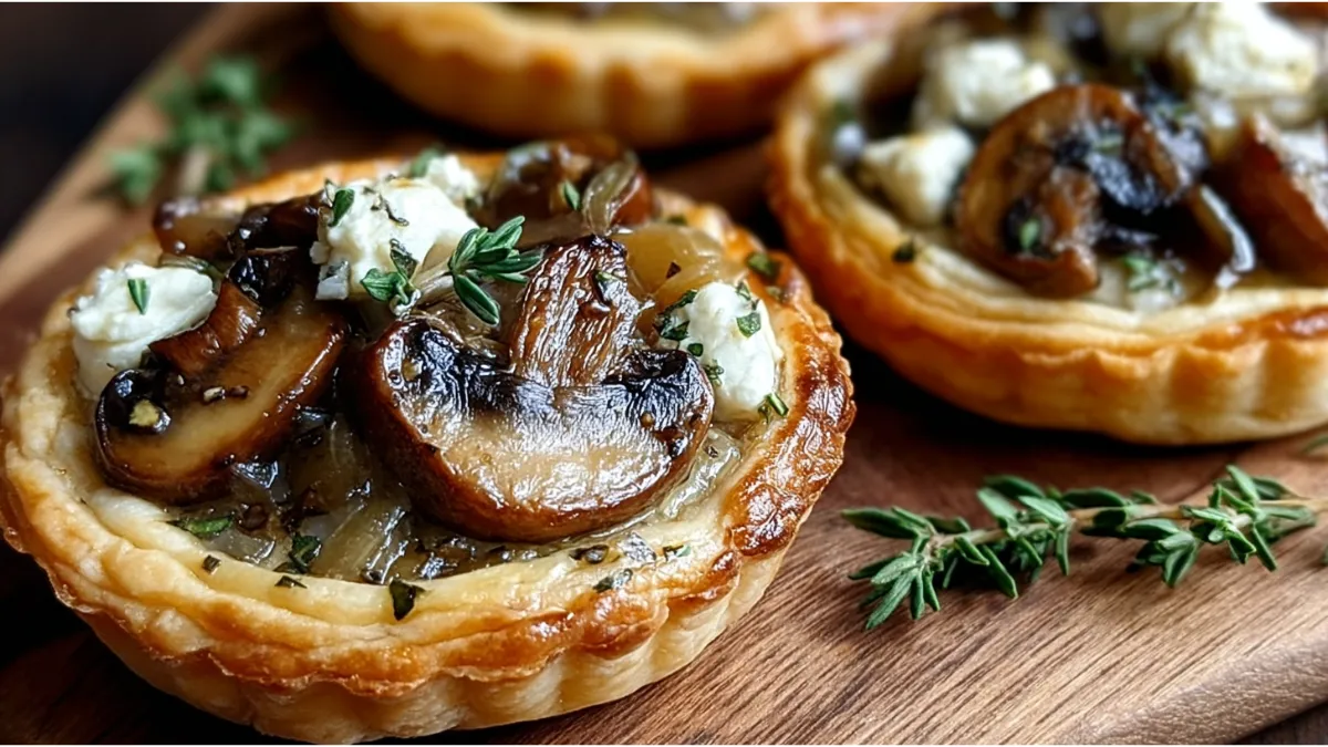 Mushroom, Shallot, and Herbed Goat Cheese Tarts on a rustic wooden board, garnished with fresh thyme.