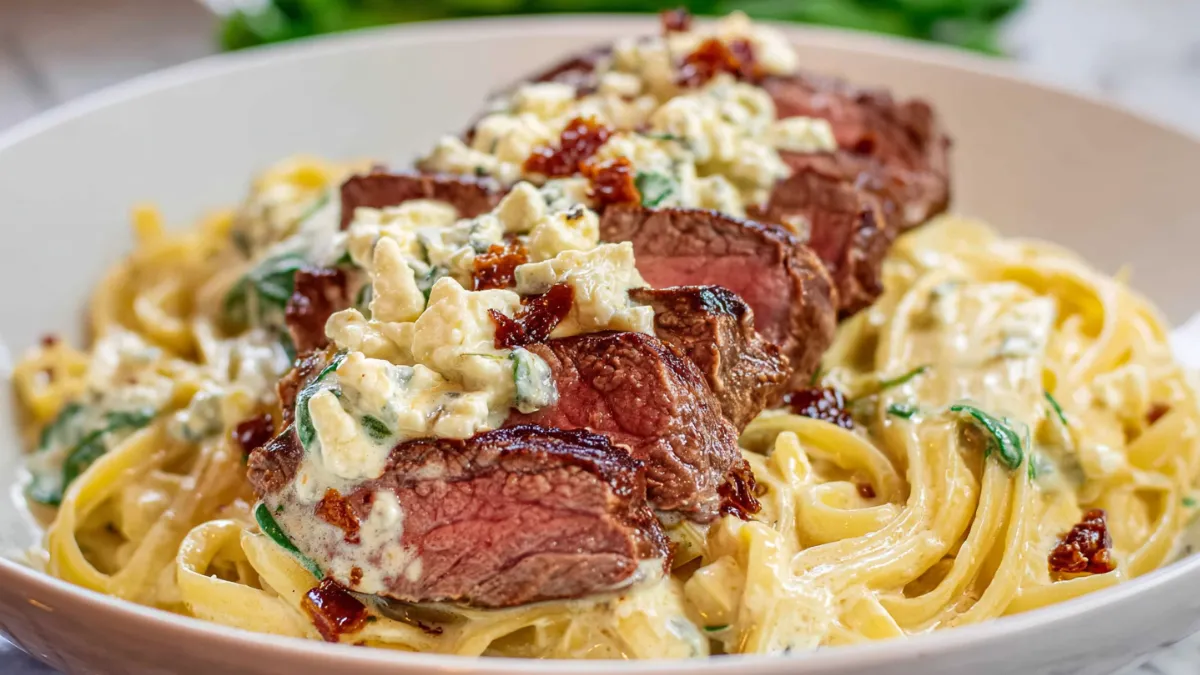 Plate of Olive Garden Steak Gorgonzola Alfredo with creamy pasta, tender steak slices, and balsamic glaze drizzle.
