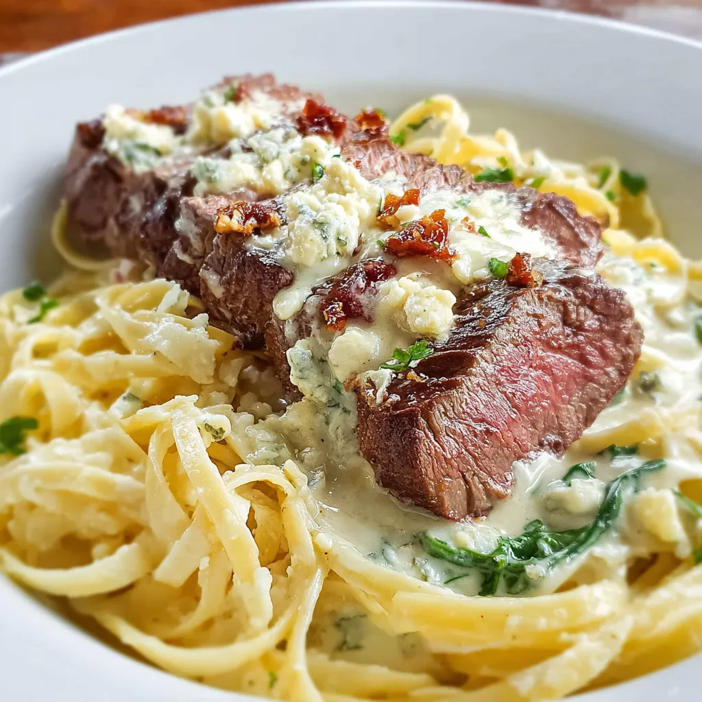 Plate of Olive Garden Steak Gorgonzola Alfredo with creamy pasta, tender steak slices, and balsamic glaze drizzle.