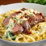 Plate of Olive Garden Steak Gorgonzola Alfredo with creamy pasta, tender steak slices, and balsamic glaze drizzle.