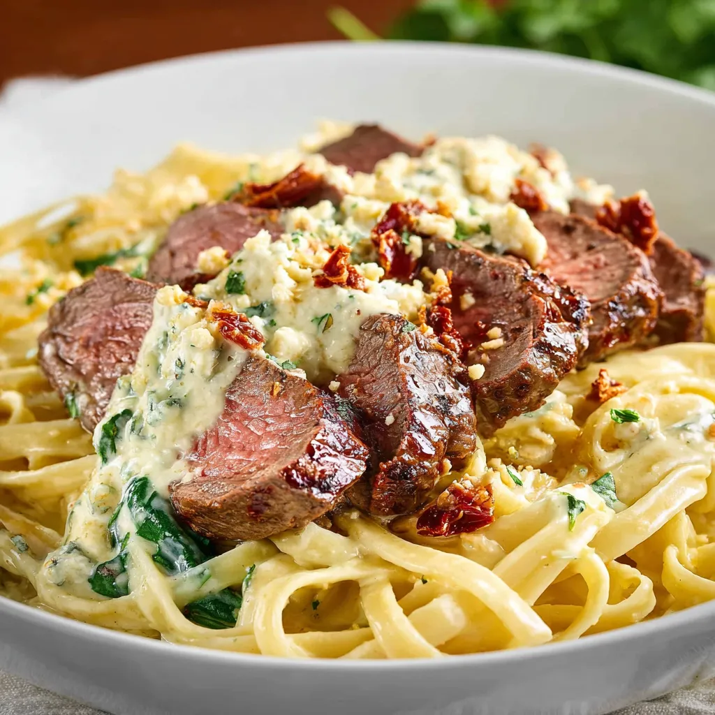 Plate of Olive Garden Steak Gorgonzola Alfredo with creamy pasta, tender steak slices, and balsamic glaze drizzle.
