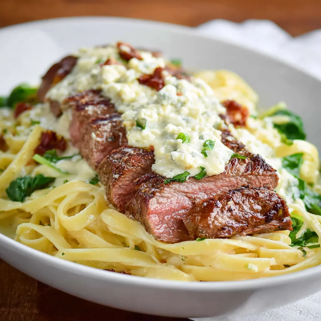 Plate of Olive Garden Steak Gorgonzola Alfredo with creamy pasta, tender steak slices, and balsamic glaze drizzle.
