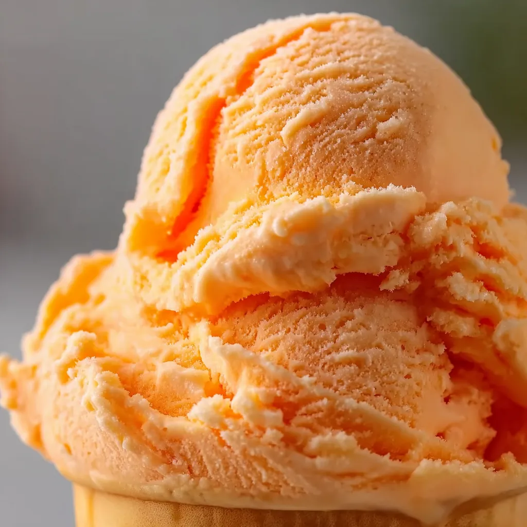 Bowl of creamy Orange Crush Sherbet with a scoop topped by orange slices and fizzy soda bubbles