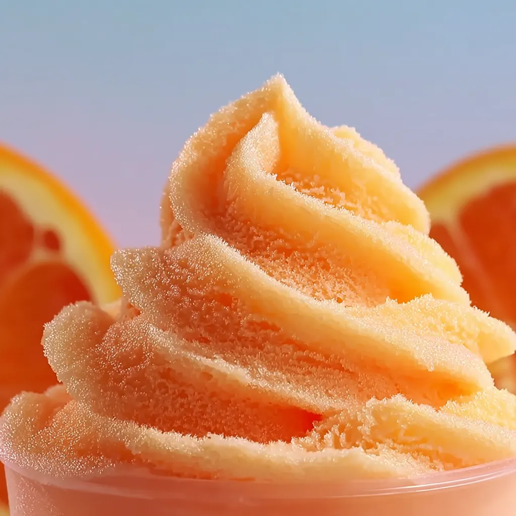 Bowl of creamy Orange Crush Sherbet with a scoop topped by orange slices and fizzy soda bubbles