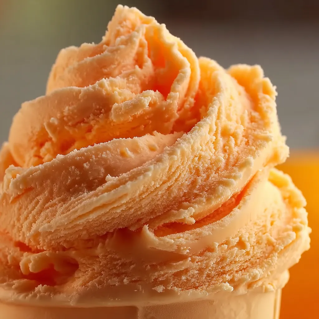 Bowl of creamy Orange Crush Sherbet with a scoop topped by orange slices and fizzy soda bubbles
