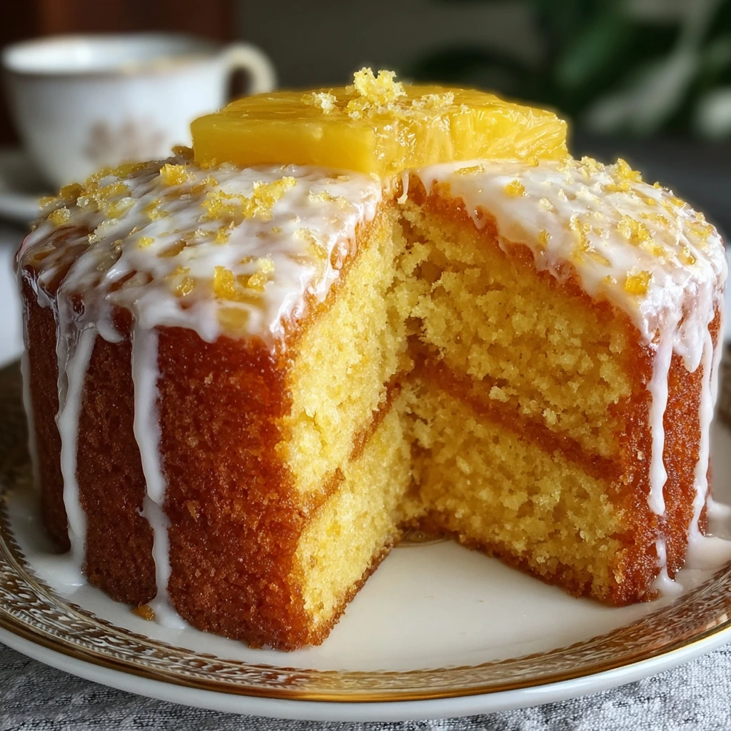 Moist pineapple juice cake drizzled with golden glaze on a white plate.