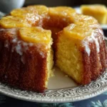 Moist pineapple juice cake drizzled with golden glaze on a white plate.