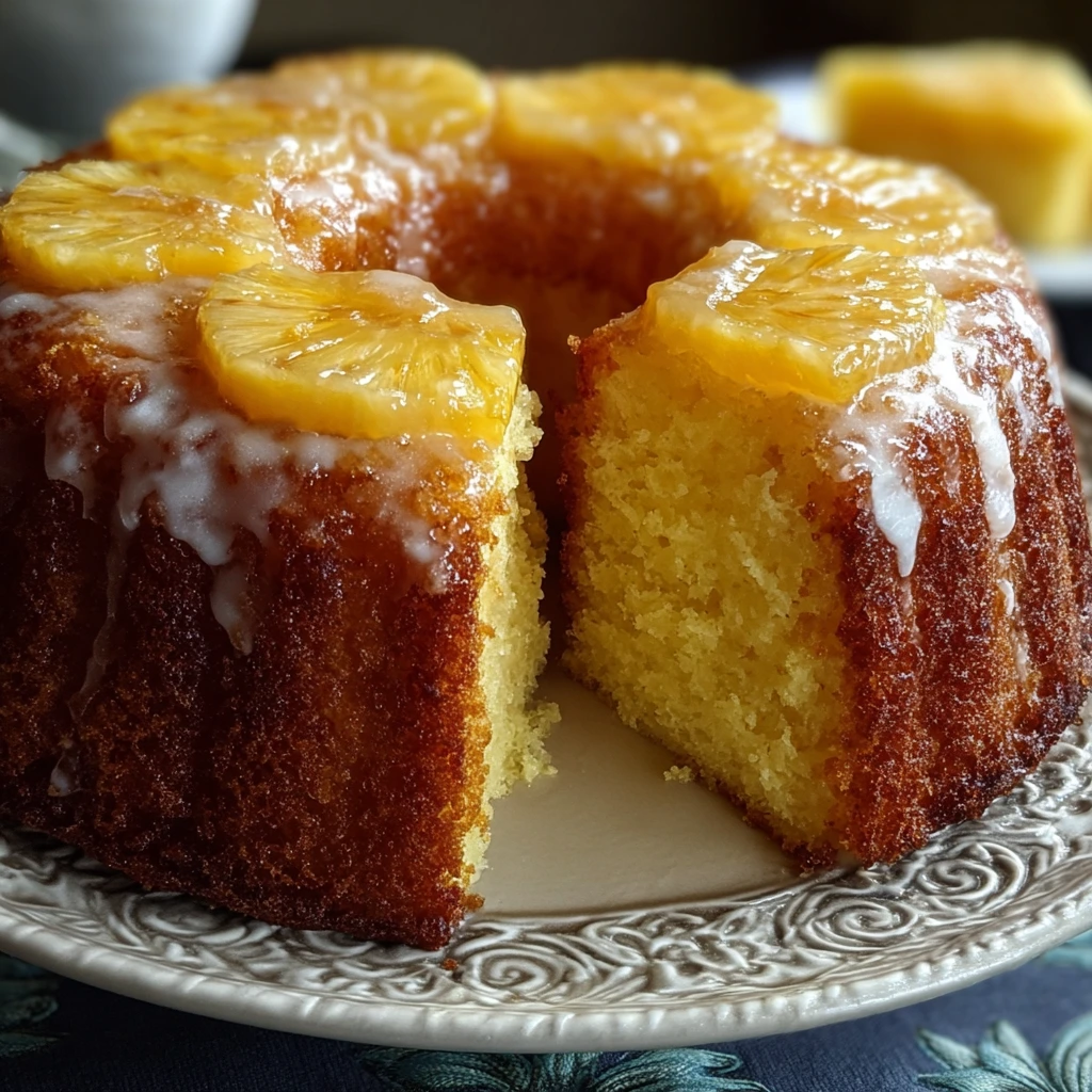 Moist pineapple juice cake drizzled with golden glaze on a white plate.