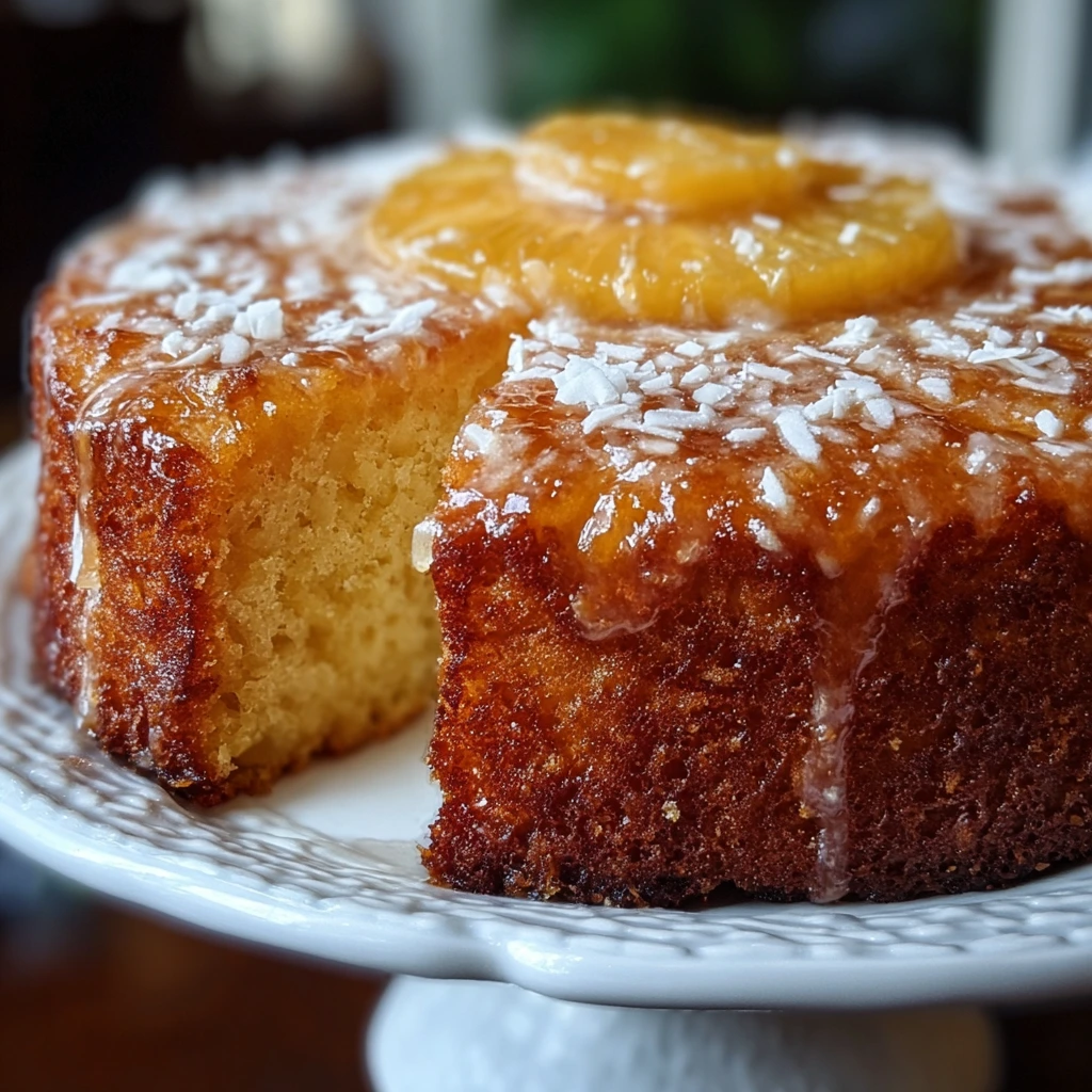 Moist pineapple juice cake drizzled with golden glaze on a white plate.